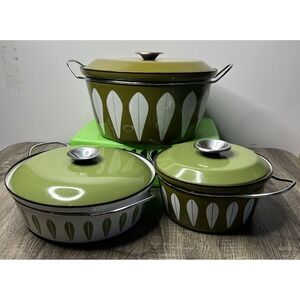 VTG CathrineHolm Enamelware Avocado Green Lotus MCM Pot Casserole Dutch Oven Lot